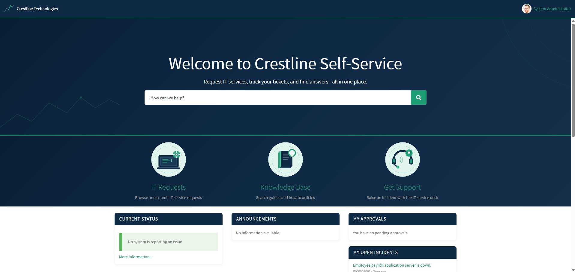 Crestline Self-Service Portal homepage